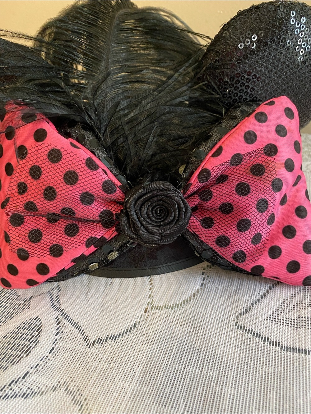 Disney Pink Polka Dot Bow Headband with Black Feathers and Sequined Ears - Picture 7 of 7